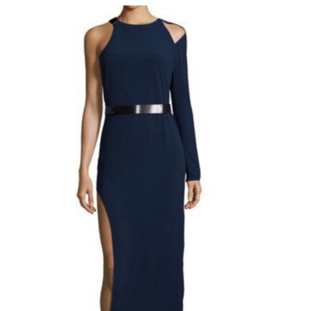 Halston Heritage Asymmetric Side Slit Gown One Sleeve in Navy size 0